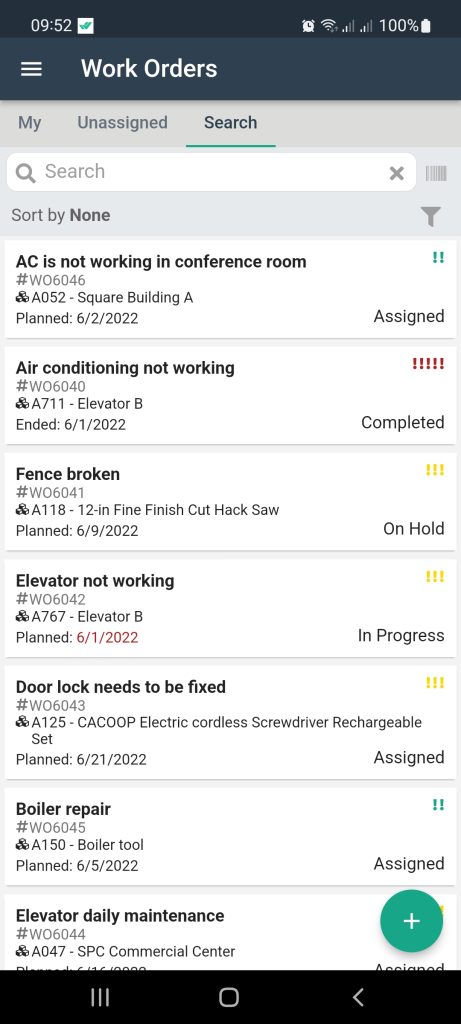 Work Orders list