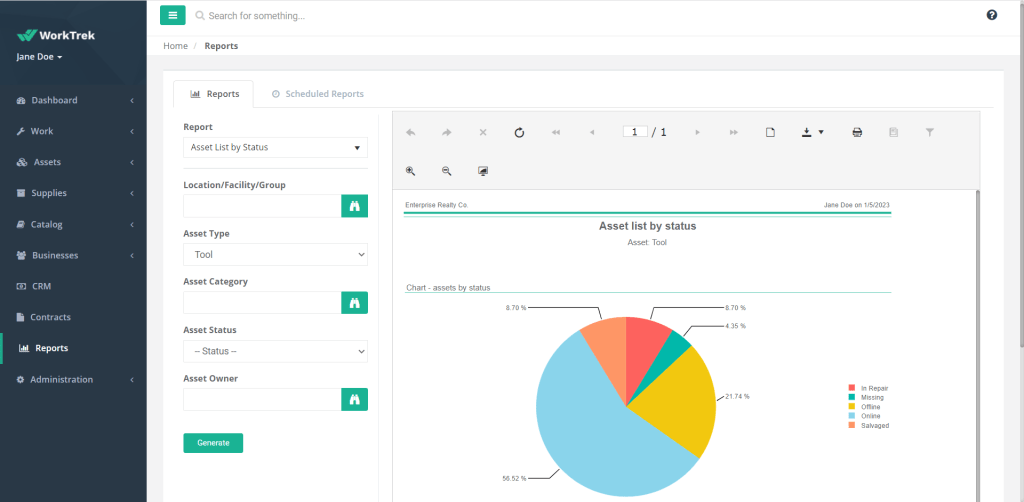 Asset status report in WorkTrek