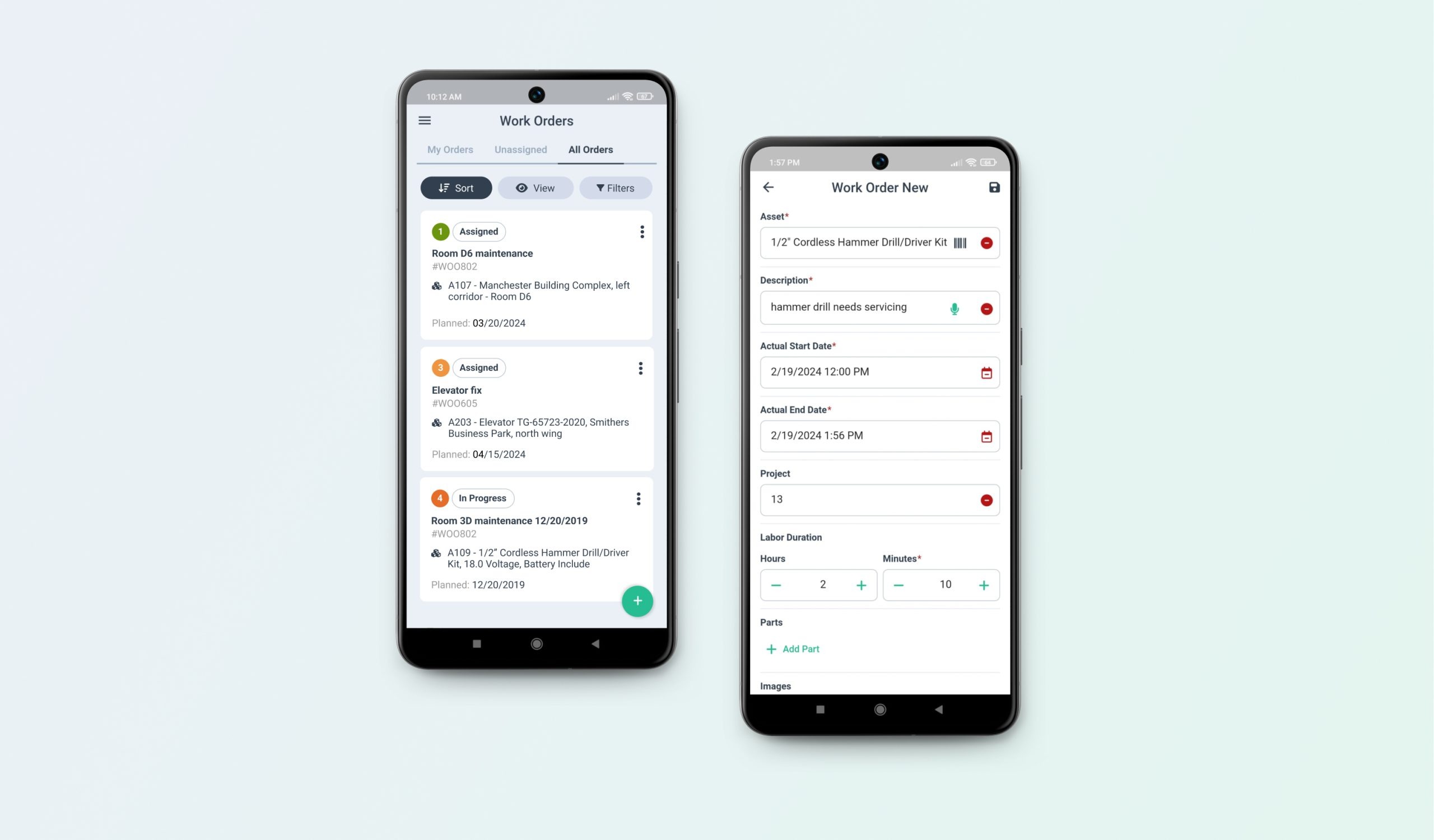WorkTrek app showing work orders feature.