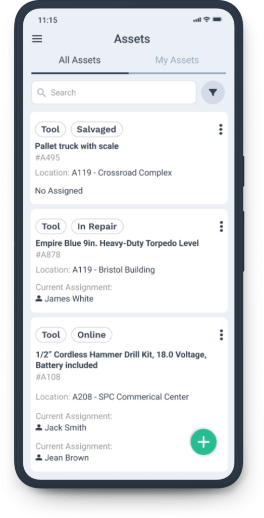 Asset screen of WorkTrek mobile app