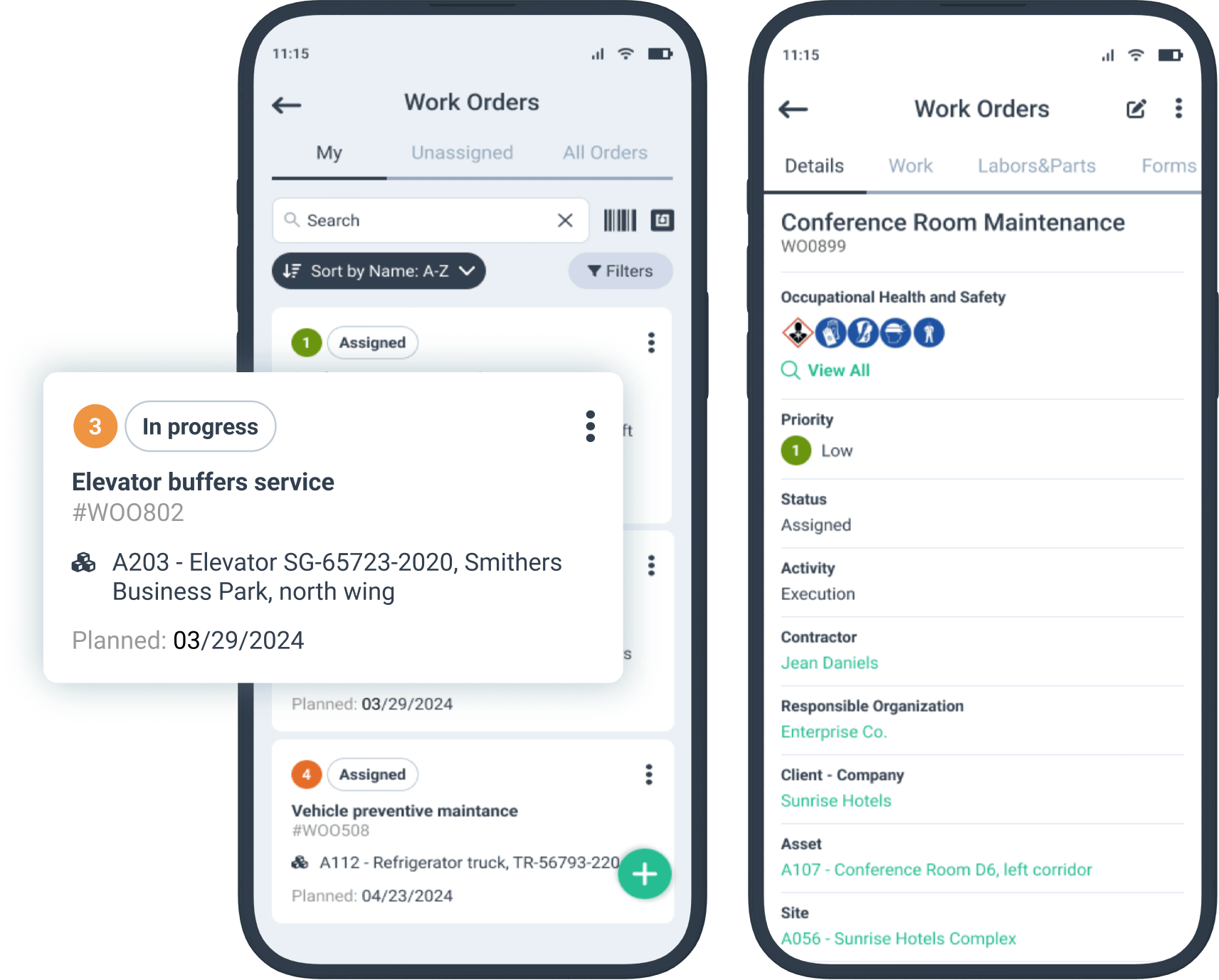 Work order list and work order details in WorkTrek mobile app