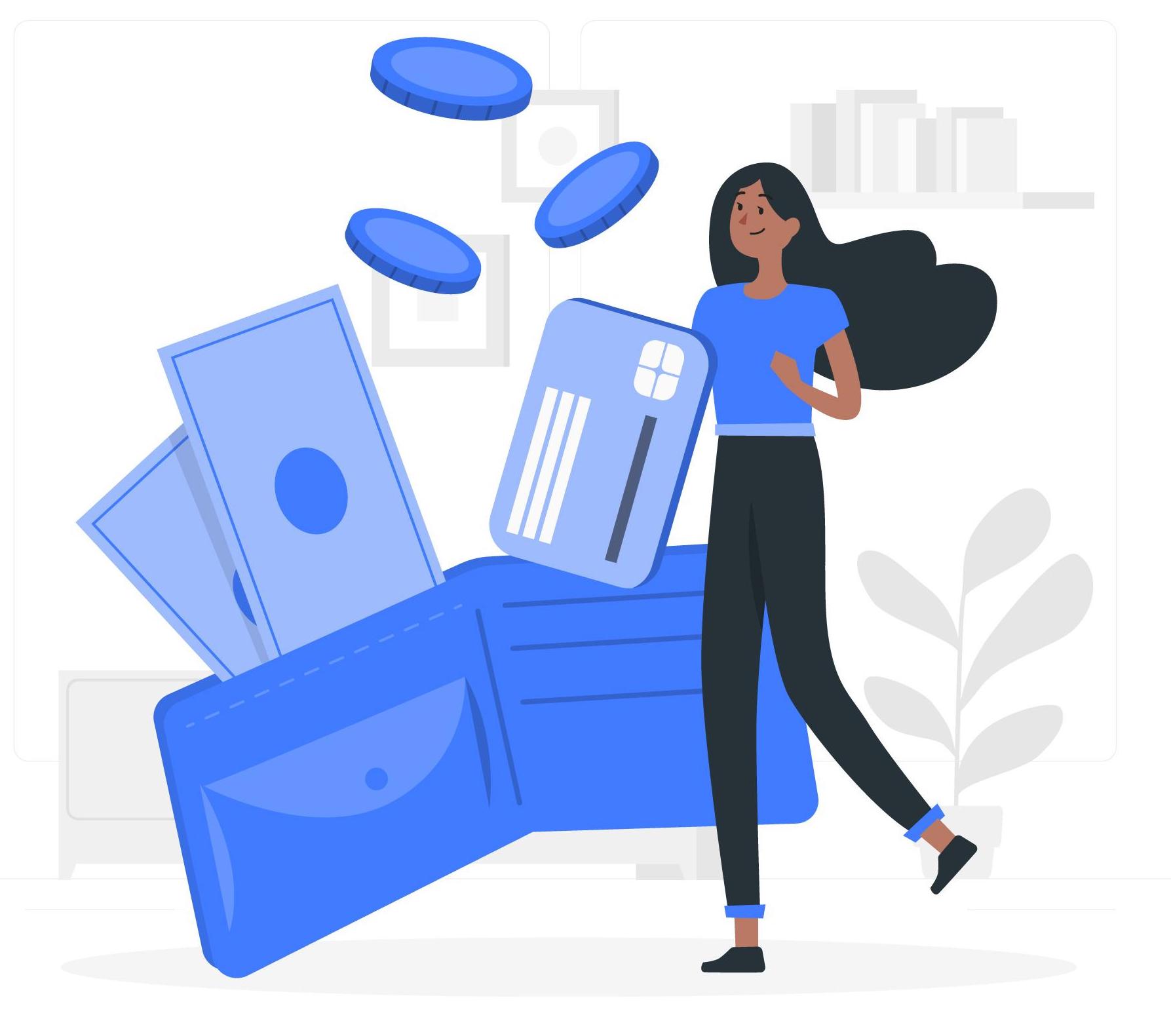 Woman and a big wallet with coins, bank notes and credit card