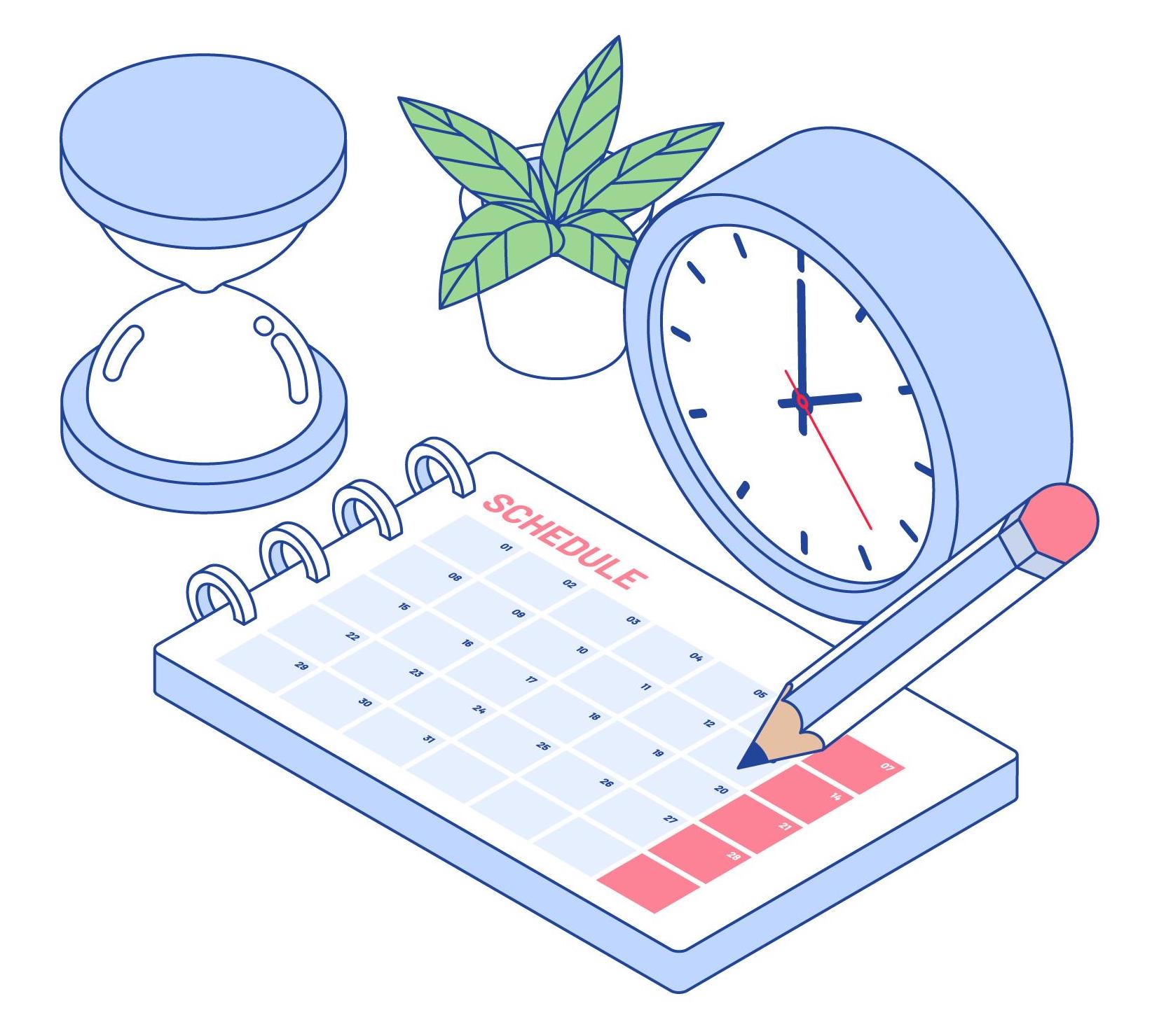Hourglass, clock, pen and a schedule 