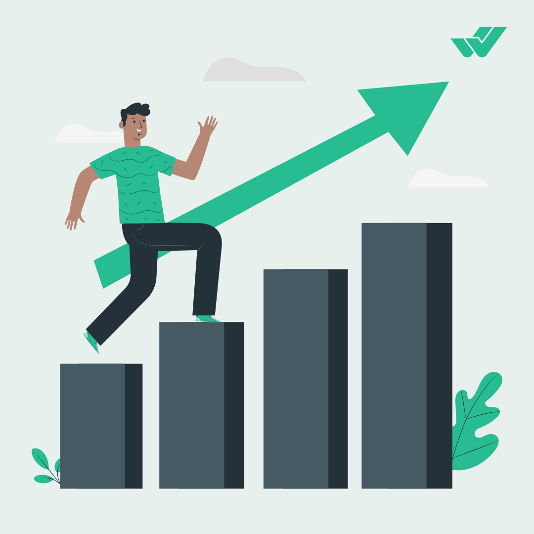 Man climbing a bar chart