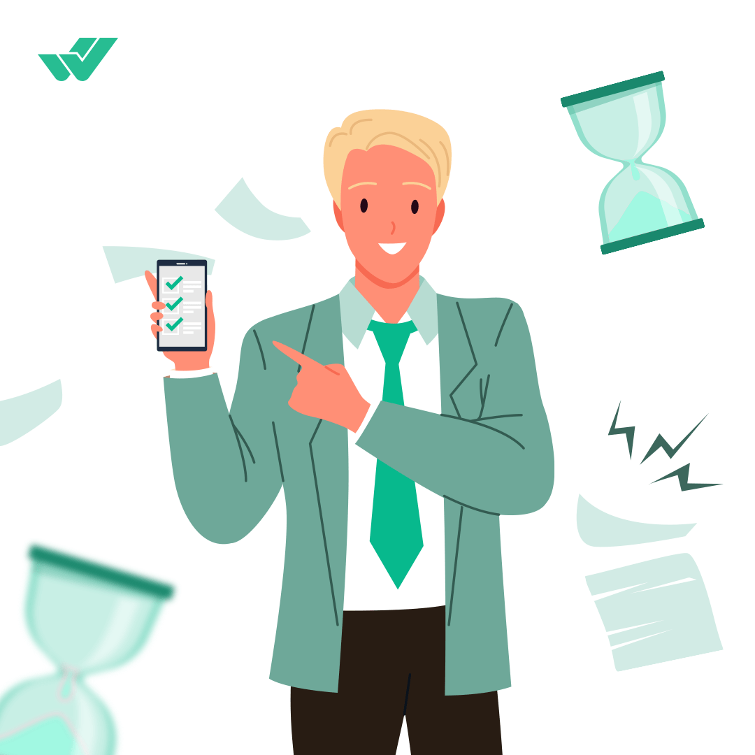 Illustration of a man showing a mobile phone with checklist