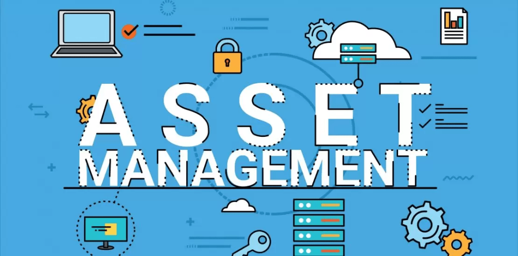 Asset management sign surrounded by objects: laptop, lock, gear, cloud, graph, screen, key, etc. 