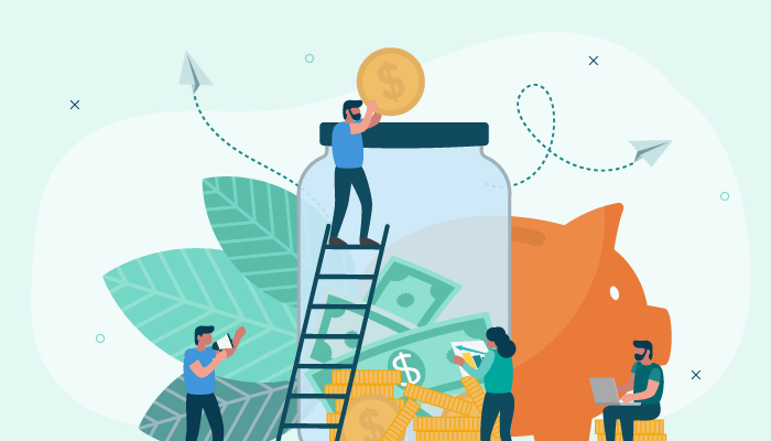Illustration of people around giant jar filled with money. One man is tossing a coin to the jar. There are piggy bank and paper planes in the background. 