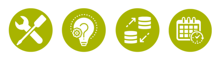 Four circles with icons in shape of (from left to right): screwdriver and wrench; question mark, light bulb and gear; two piles of coins; calendar and clock.