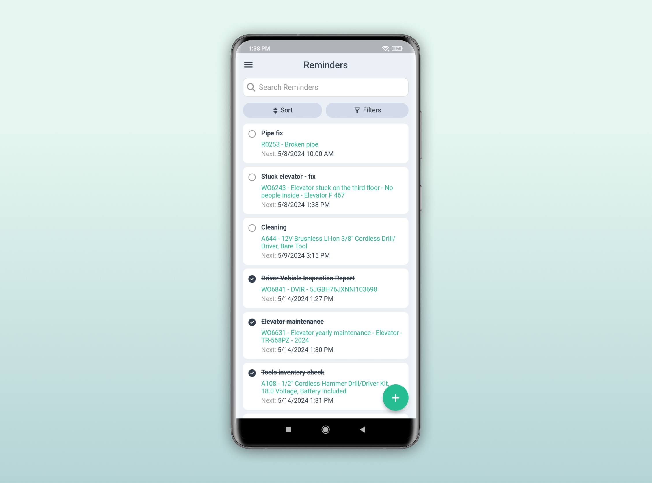 Reminders in WorkTrek app
