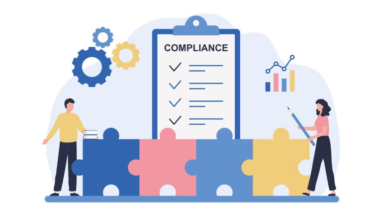 Illustration of a line of 4 puzzles, man, woman and a document with "Compliance" title. 