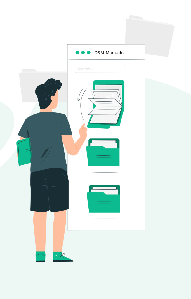Illustration of a man standing in front of a giant mobile screen with three document folders. 