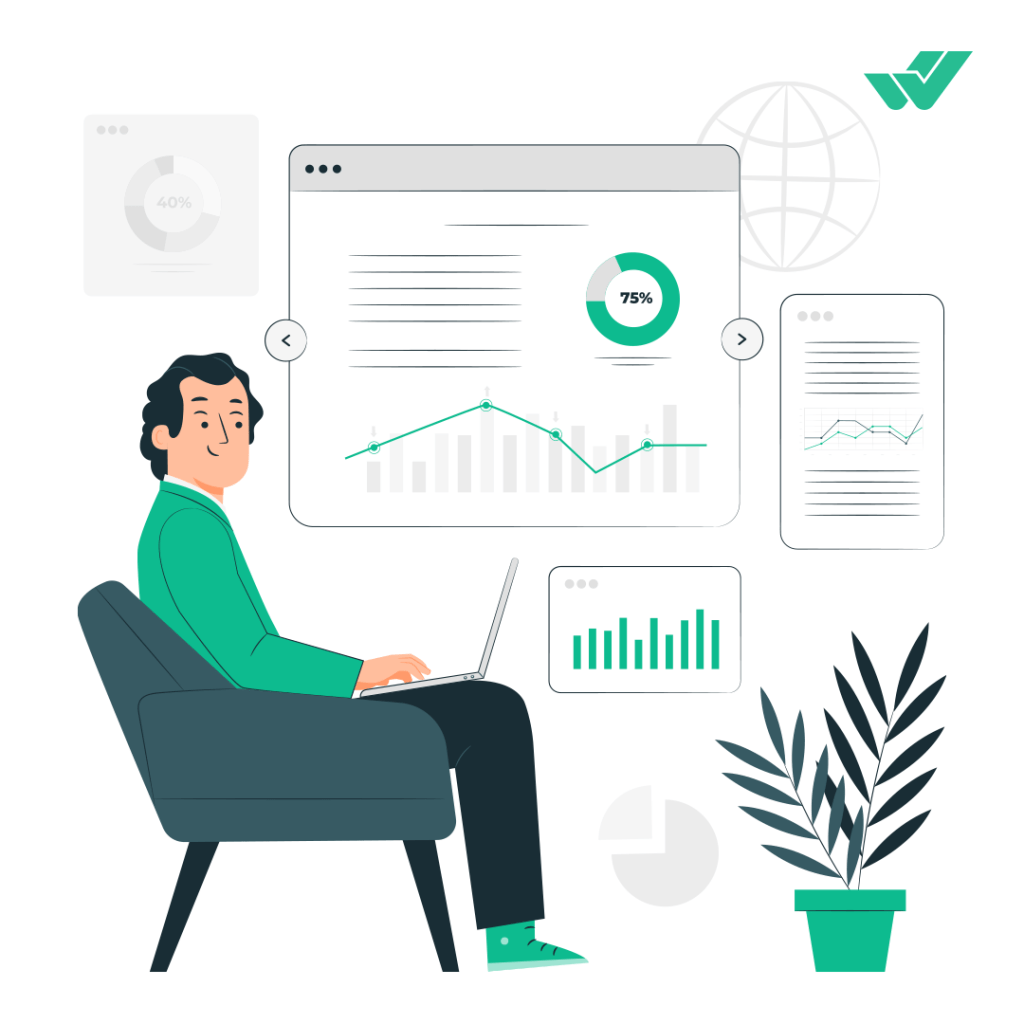 Illustration of a man sitting in front of the data reports