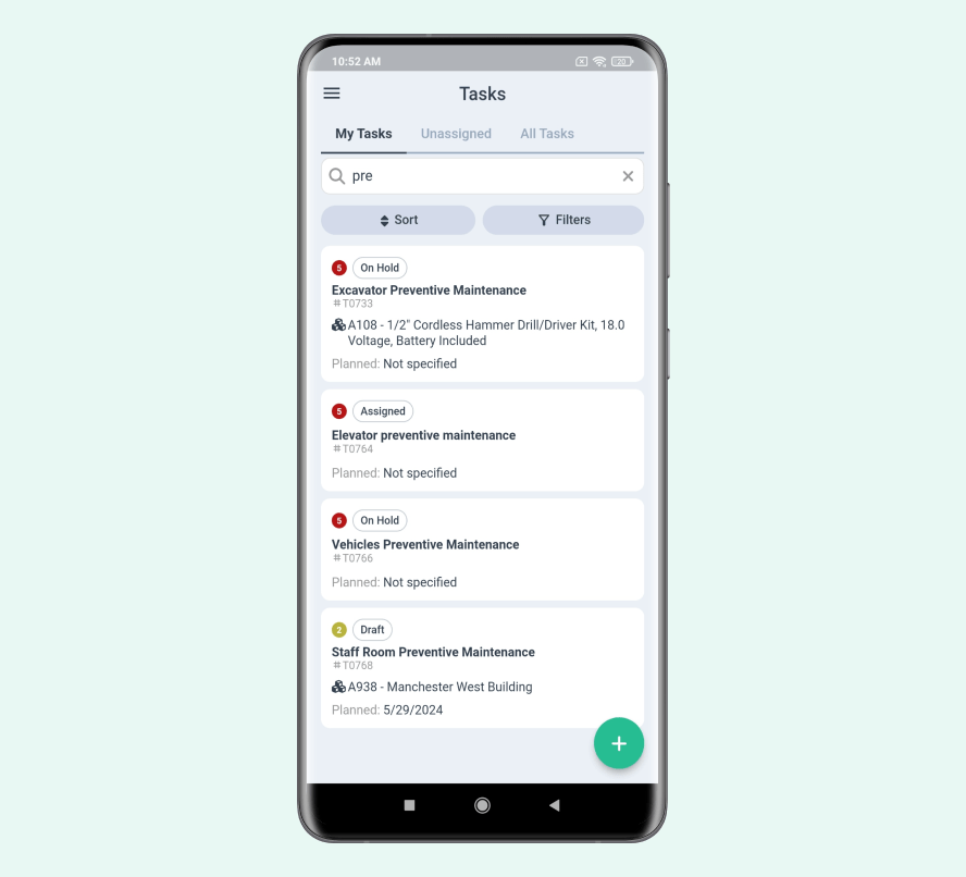 Tasks screen of WorkTrek mobile app