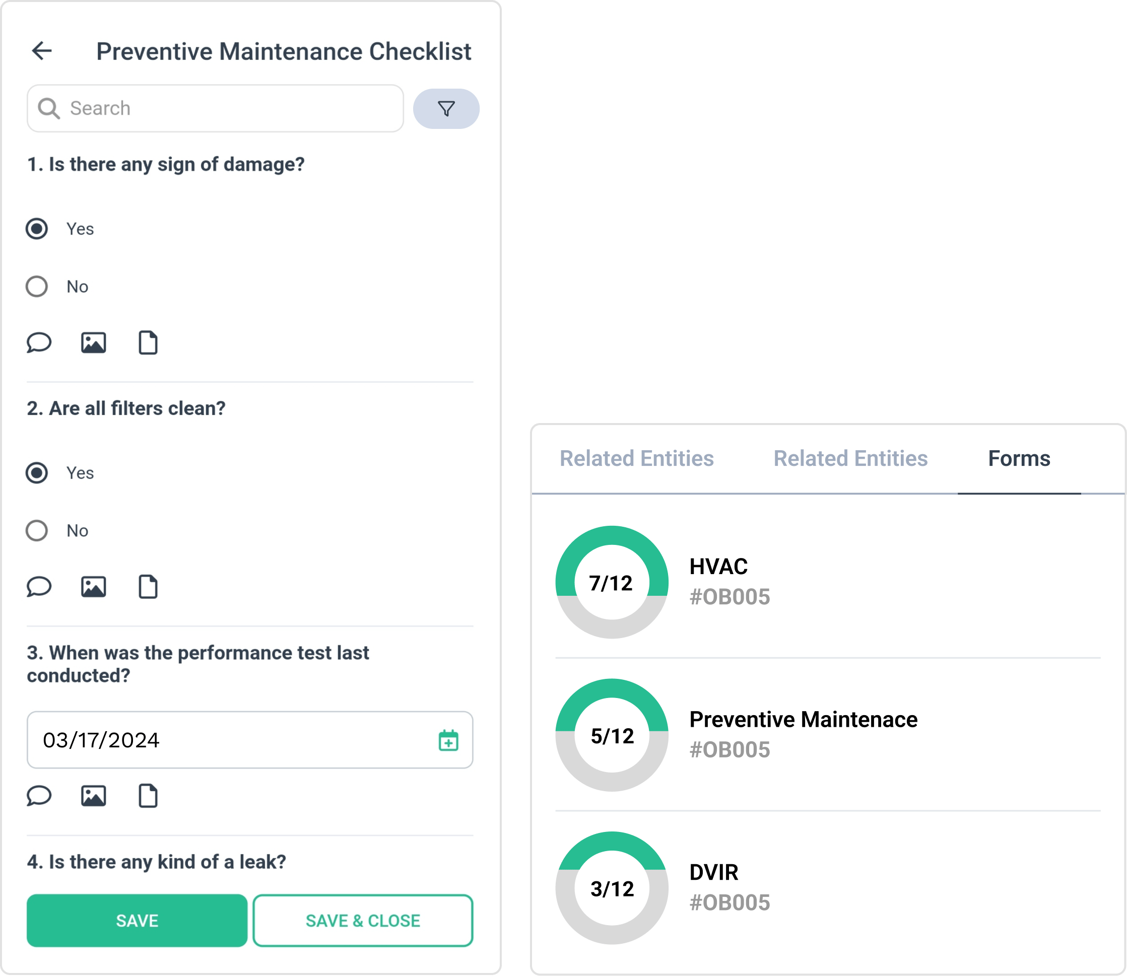 Checklist screens in WorkTrek mobile app