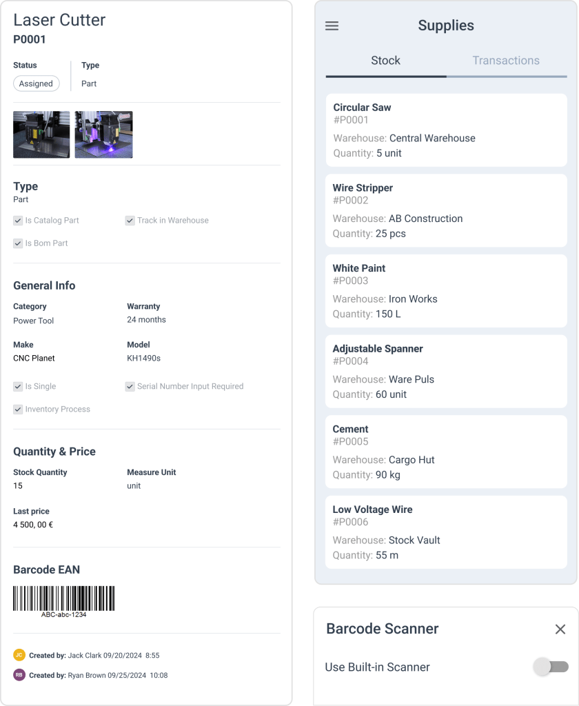 Parts management in WorkTrek