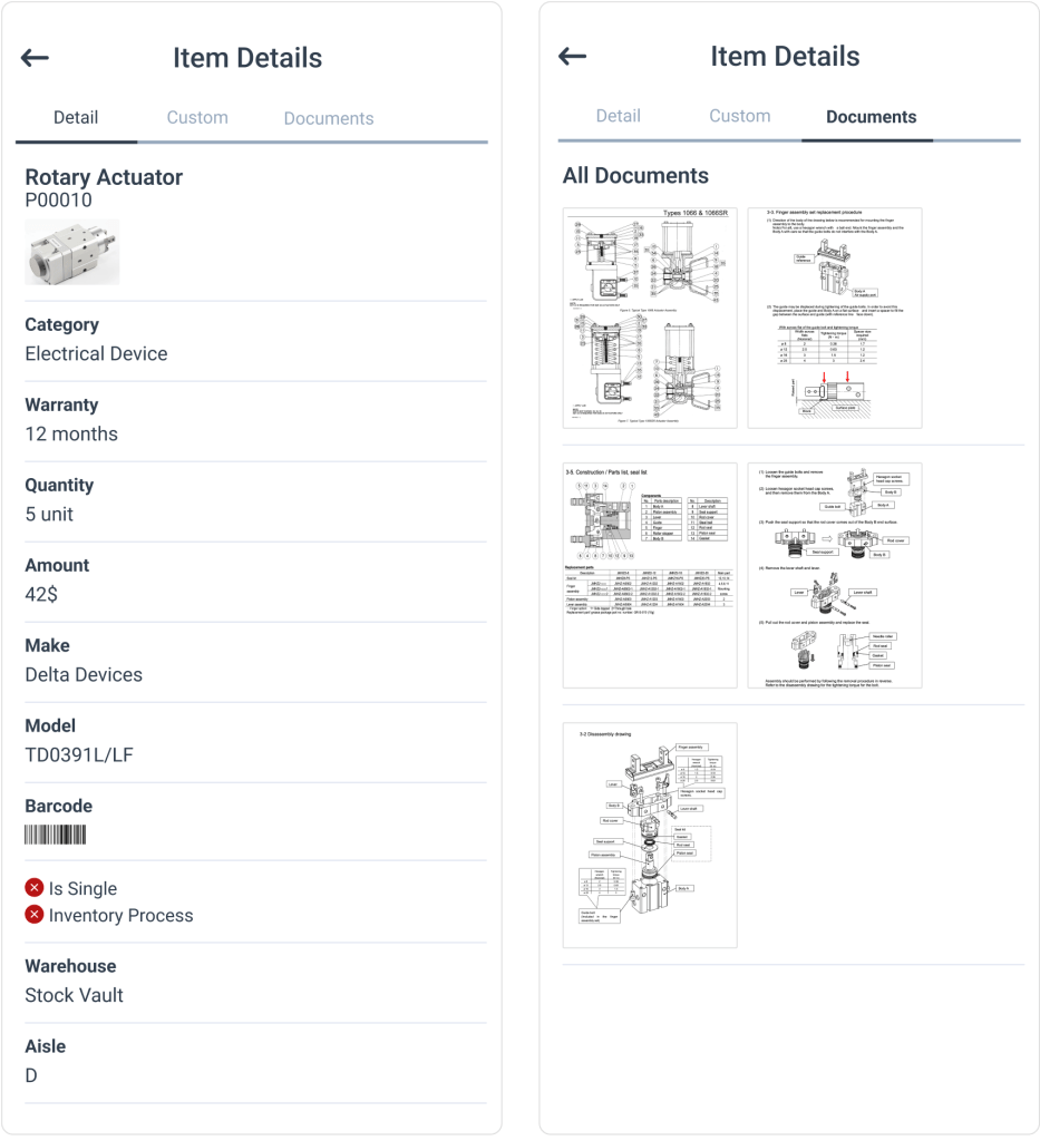 Item Details in WorkTrek Mobile App
