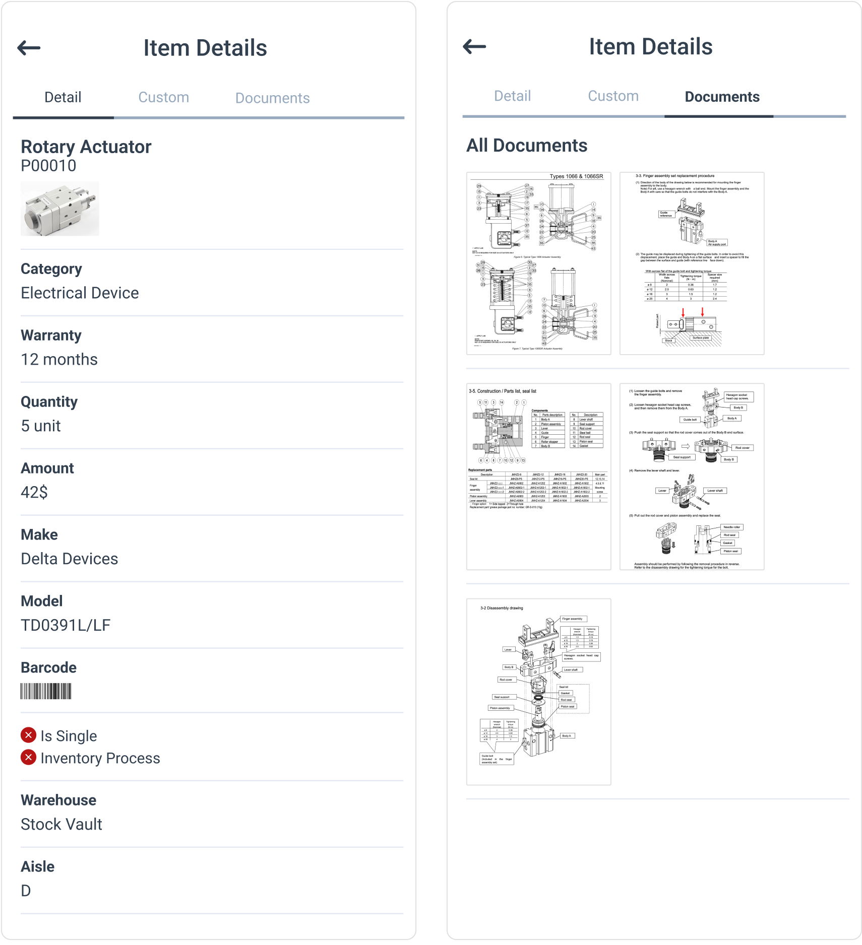 parts in WorkTrek mobile app