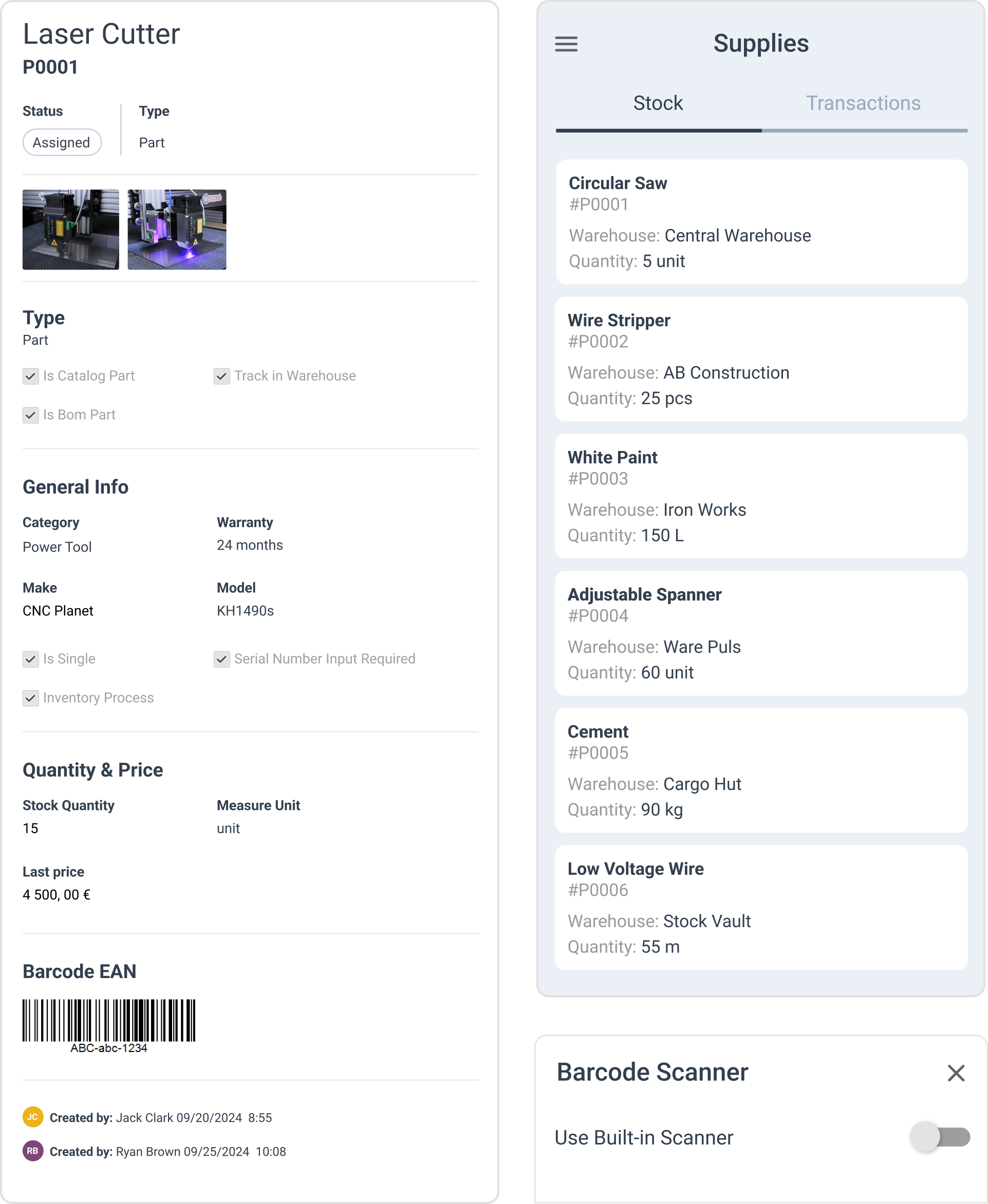 Parts management in WorkTrek
