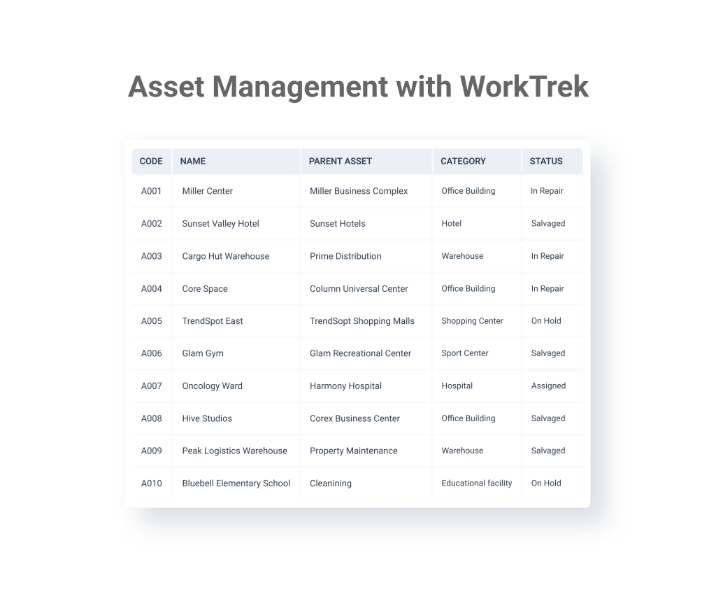 Asset table in WorkTrek web app