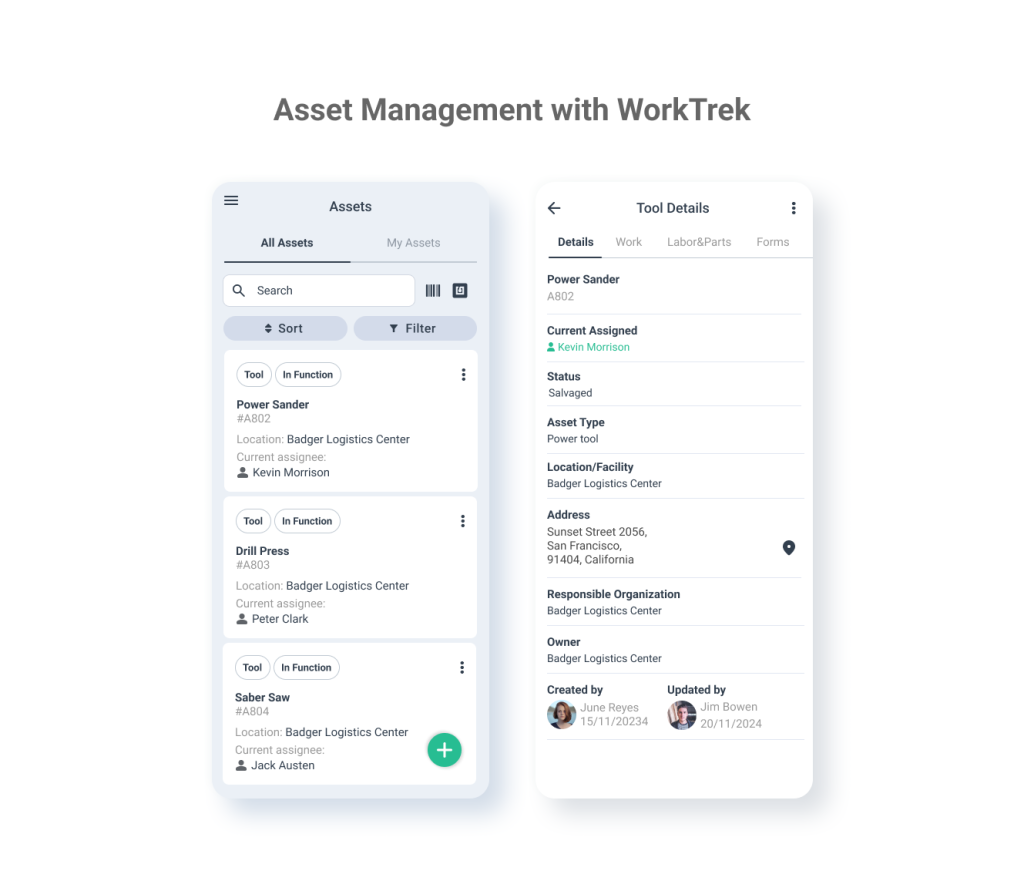 Asset screens in WorkTrek mobile app