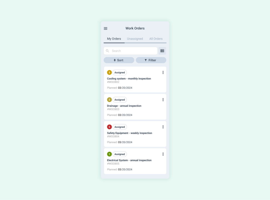 Work orders for regular inspection in WorkTrek mobile app