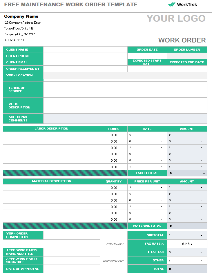 WorkTrek template for a free maintenance work order, including fields for client information, work details, labor description, and material costs