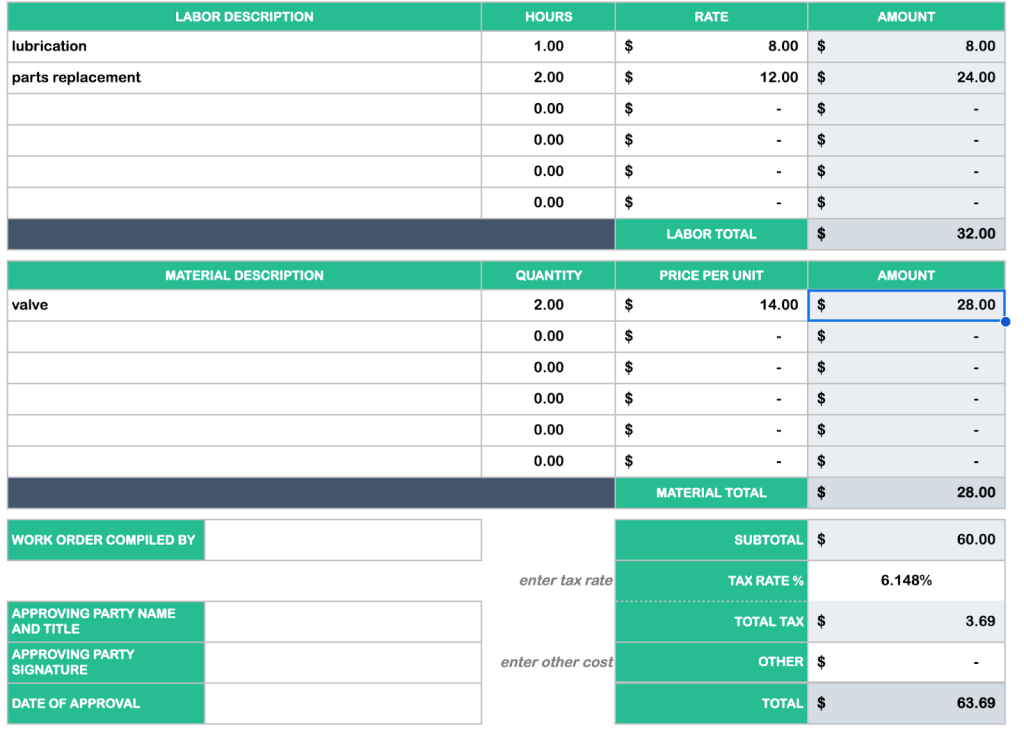 Example of an automated work order form with calculations for labor and material costs