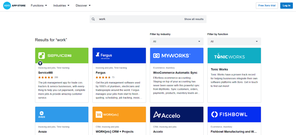 Screenshot of the Xero App Store displaying various software integrations for work-related tasks