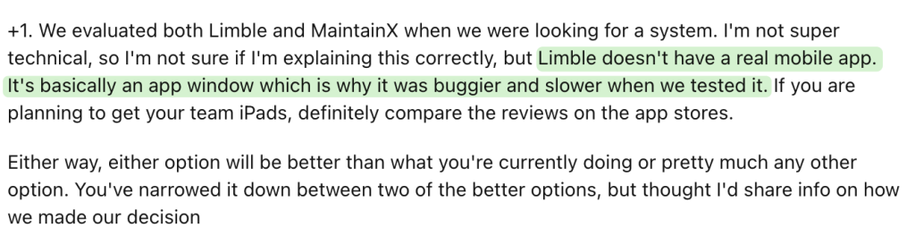 User review highlighting the lack of a native mobile app for Limble