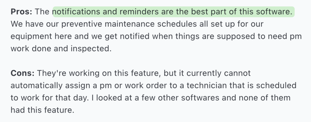 User review on best feature of the maintenance software