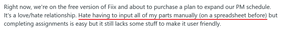 Fiix customer review on Reddit