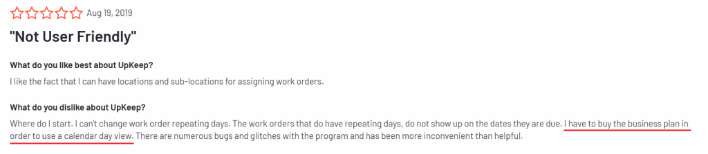 UpKeep customer review on G2