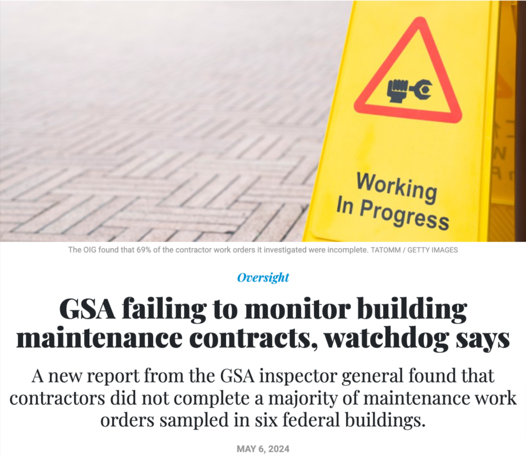 Yellow Working in Progress sign with GSA maintenance failure report