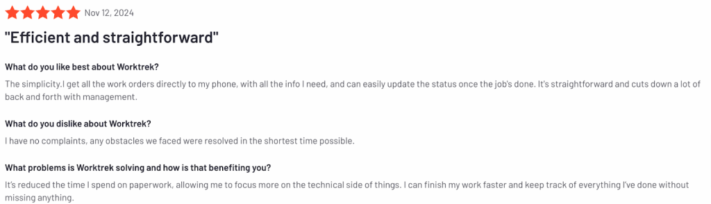 Customer review about WorkTrek on G2