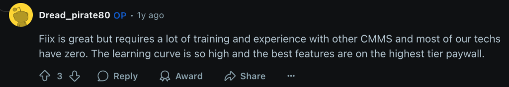 Customer review about Fiix on Reddit