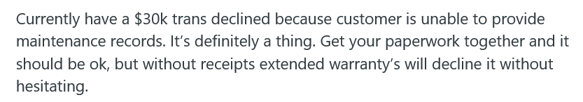 Reddit article about warranty maintenance info request