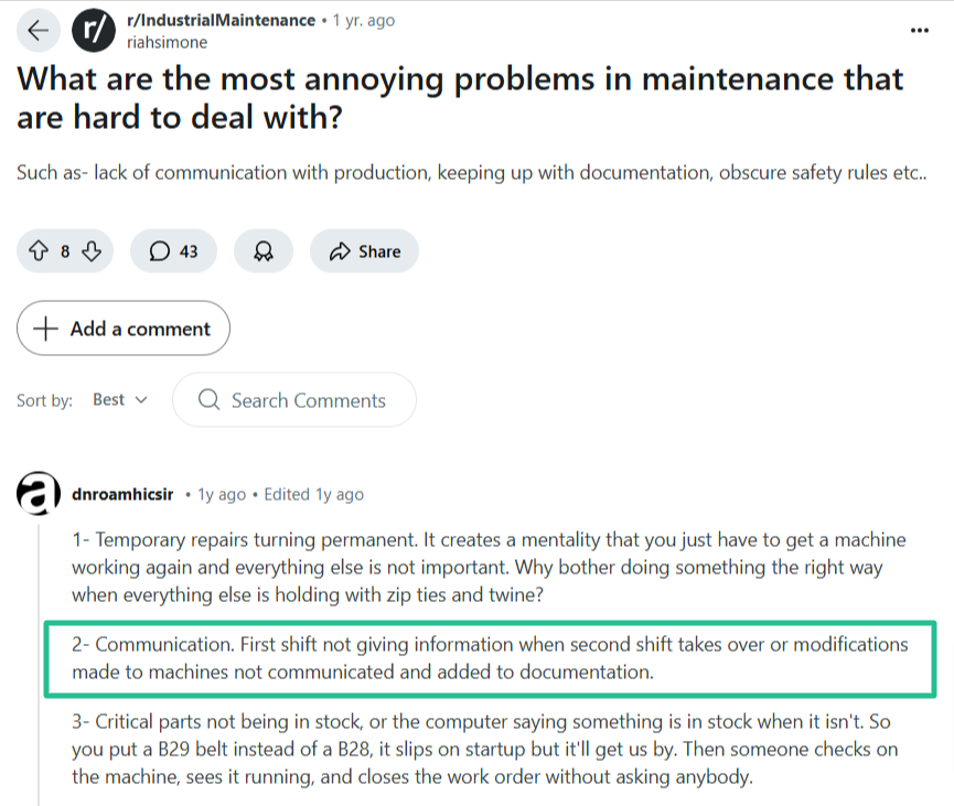 Reddit post heading "What are the most annoying problems in maintenance that are hard to deal with?"