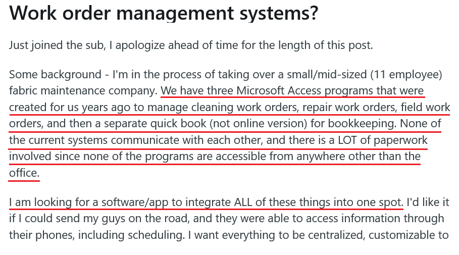 A Reddit post where a user is looking for software to centralize work order management and bookkeeping systems