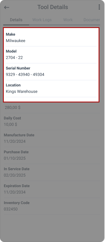 Asset details screen in WorkTrek mobile app