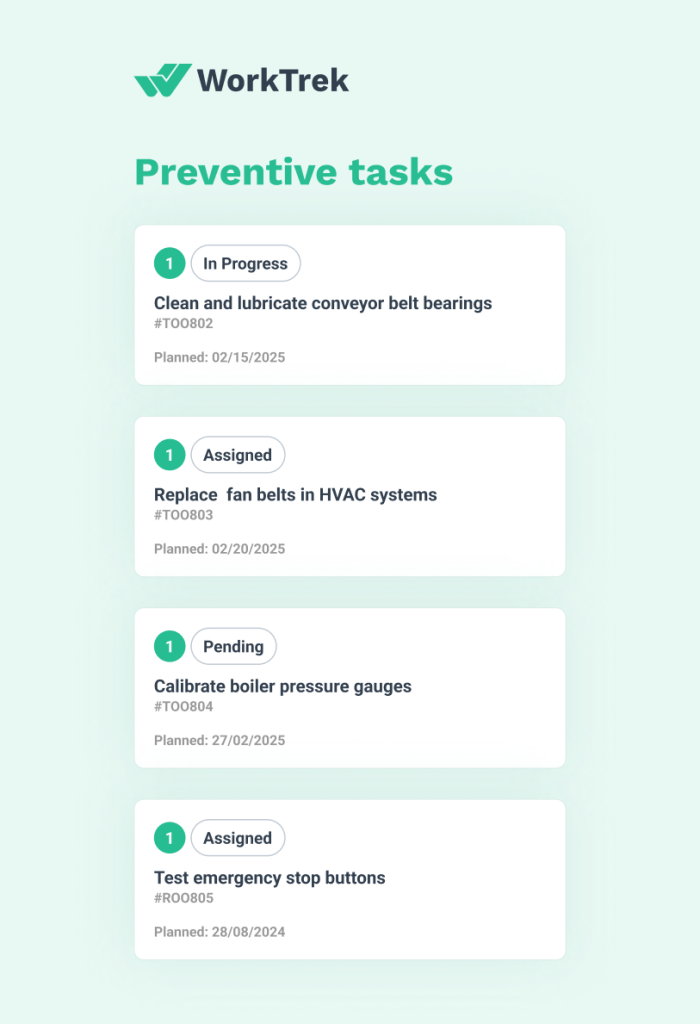 Preventive task cards in WorkTrek mobile app