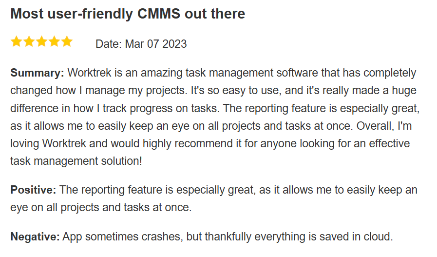 WorkTrek customer review on Slashdot