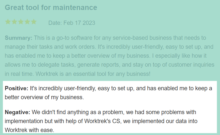 WorkTrek customer review on Slashdot