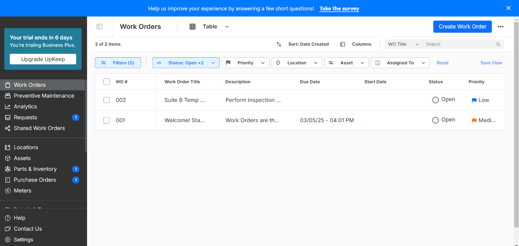 UpKeep dashboard