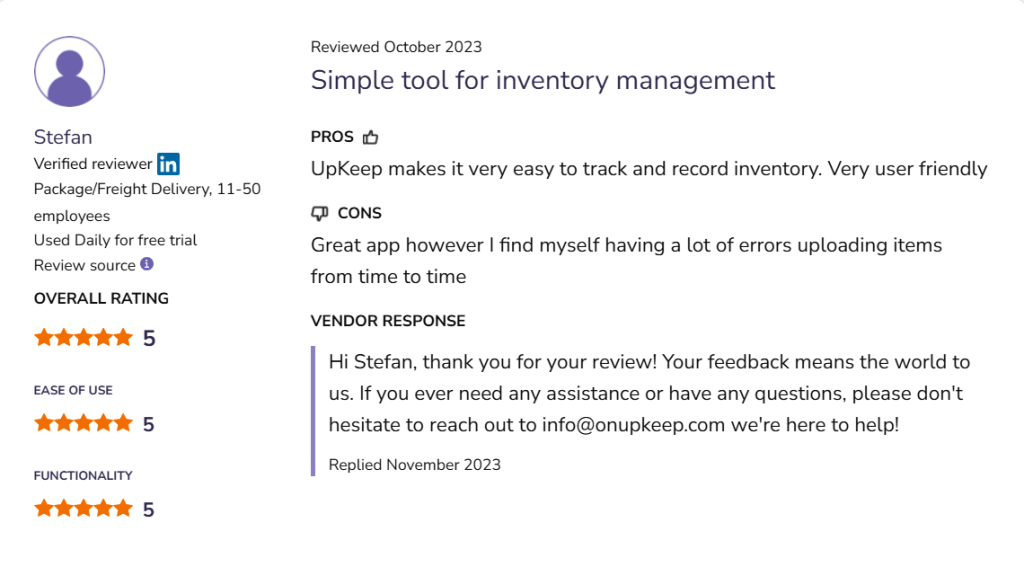 UpKeep customer review on Software Advice