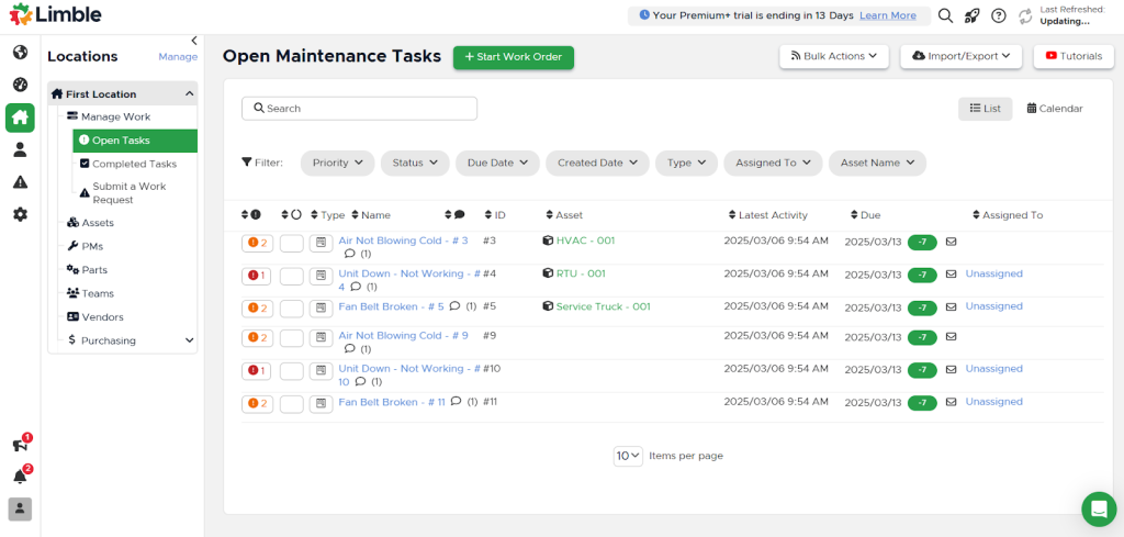 Limble CMMS dashboard