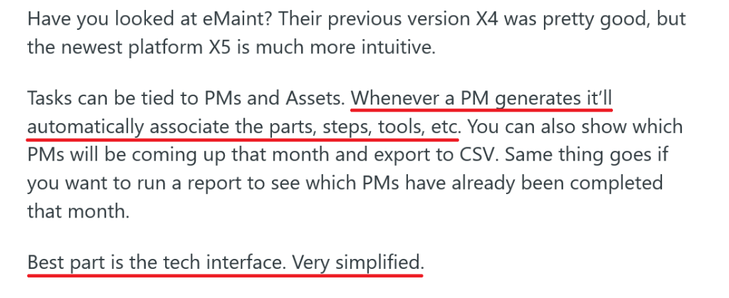 eMaint CMMS user review on Reddit