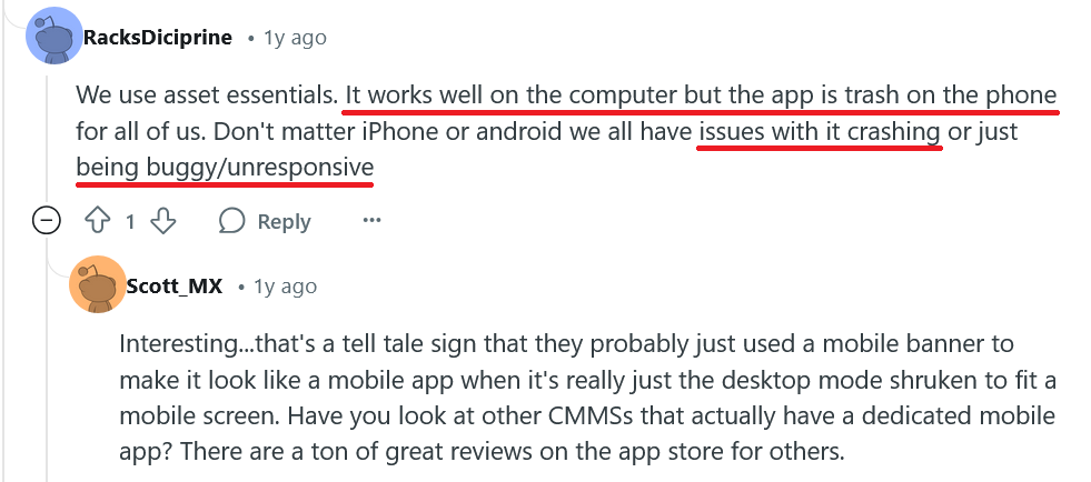 Brightly Asset Essentials user review on Reddit