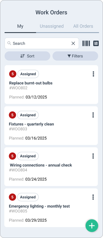 Work orders for lighting fixtures in WorkTrek mobile app