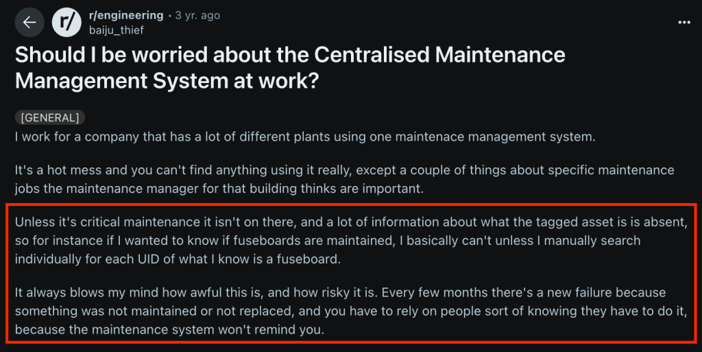 Reddit post discussing the inefficiencies and risks of a centralised maintenance management system
