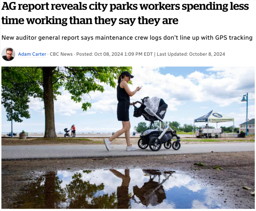 News article headline stating "AG report reveals city parks workers spending less time working than they say they are" with a subheadline about maintenance logs and GPS tracking